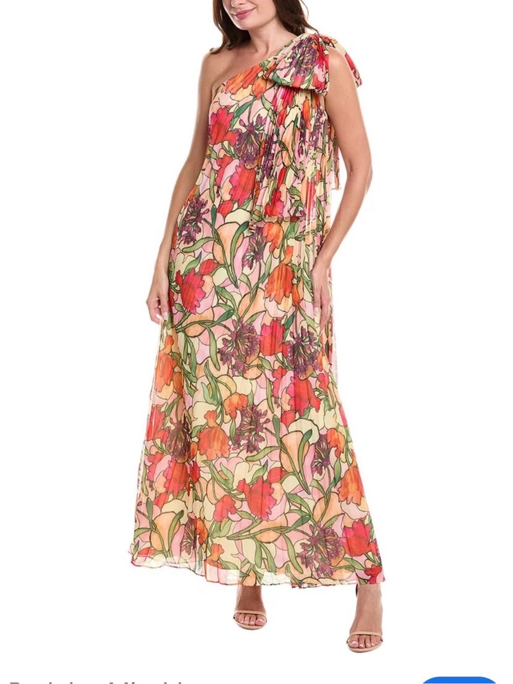 Badgley Mischka Pink, Green & Orange Floral Print Silk Dress